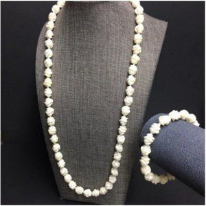 VTG Pop Bead Necklace Bracelet RARE White Flower Rose Opaque Adjustable Retro